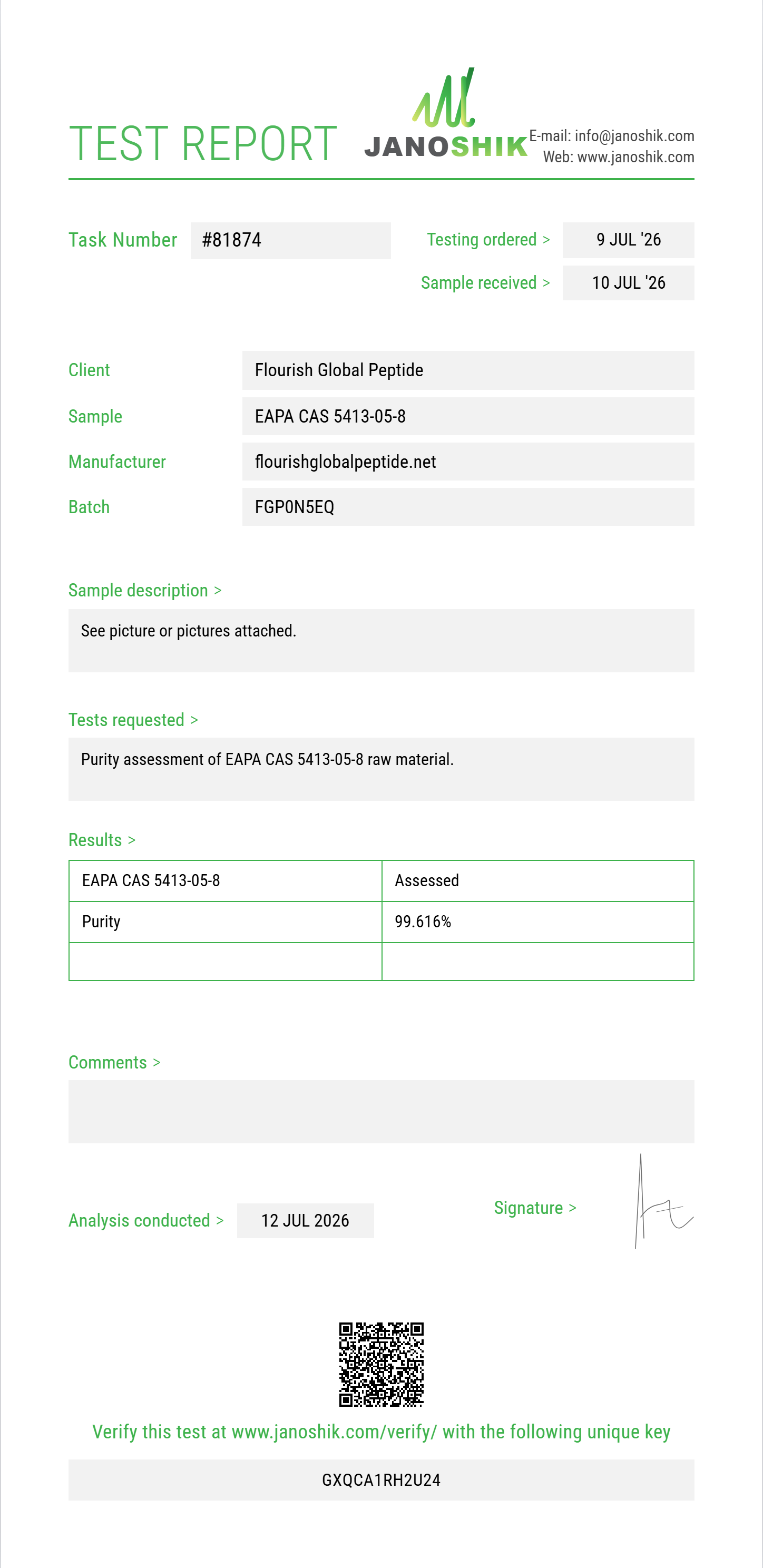 EAPA (ethyl alpha-phenylacetoacetate / ethyl 3-oxo-2-phenylbutanoate) CAS 5413-05-8 Purity (HPLC) report by Janoshik Analytical