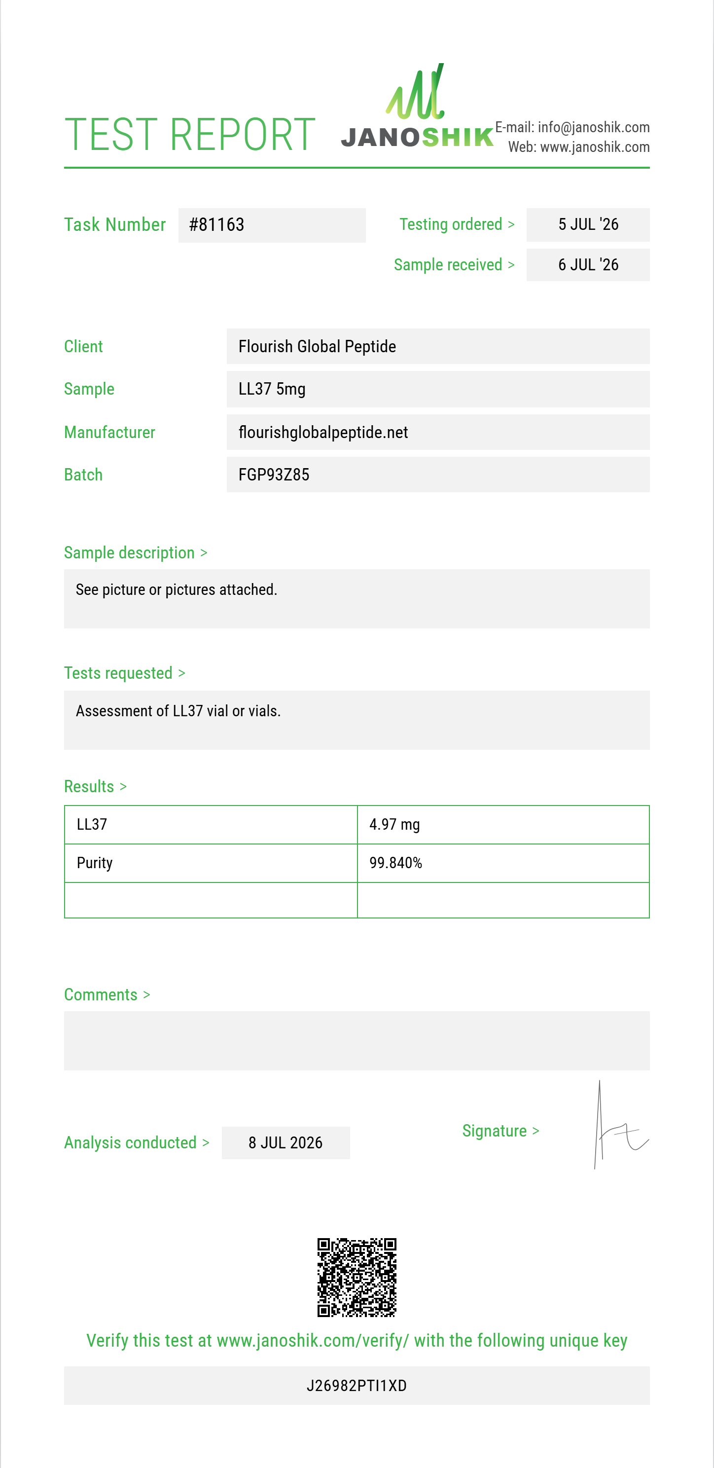 LL37 Purity (HPLC) report by Janoshik Analytical