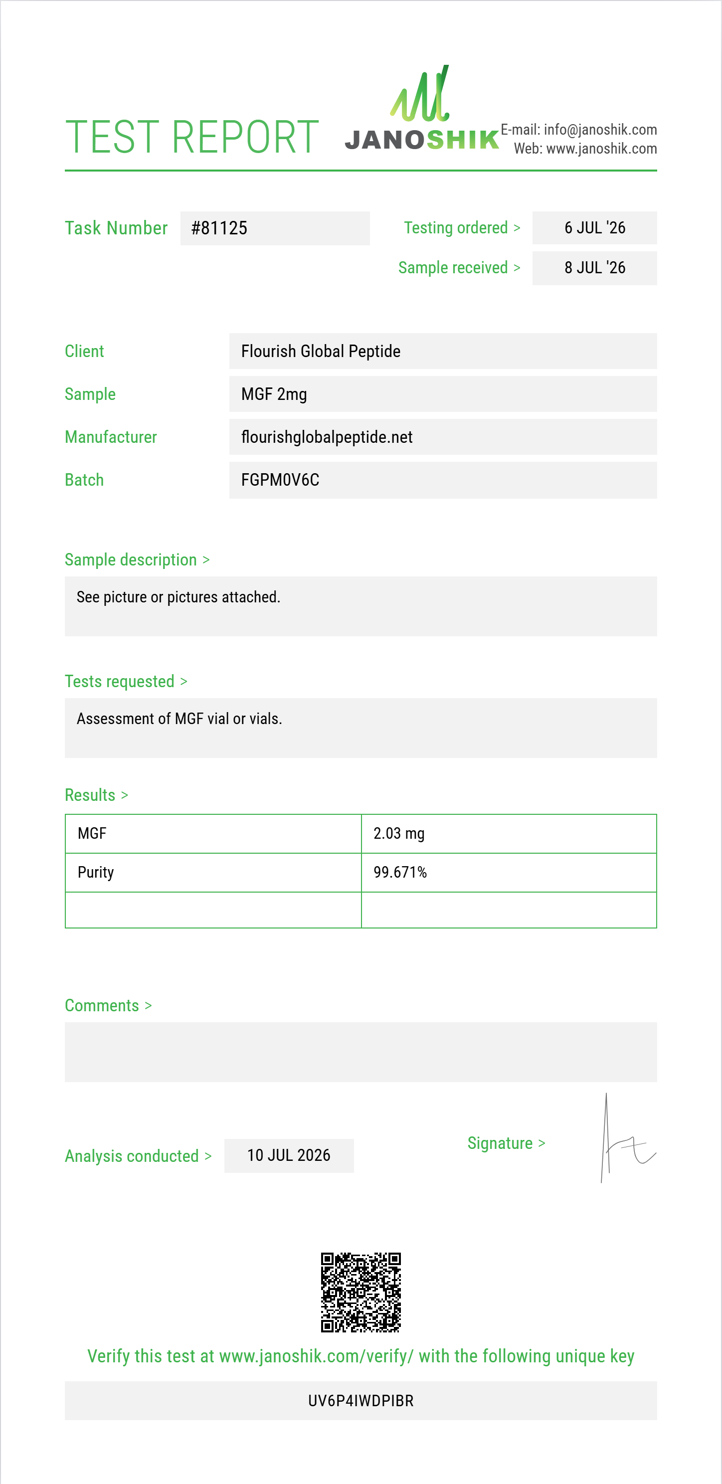 MGF Purity (HPLC) report by Janoshik Analytical