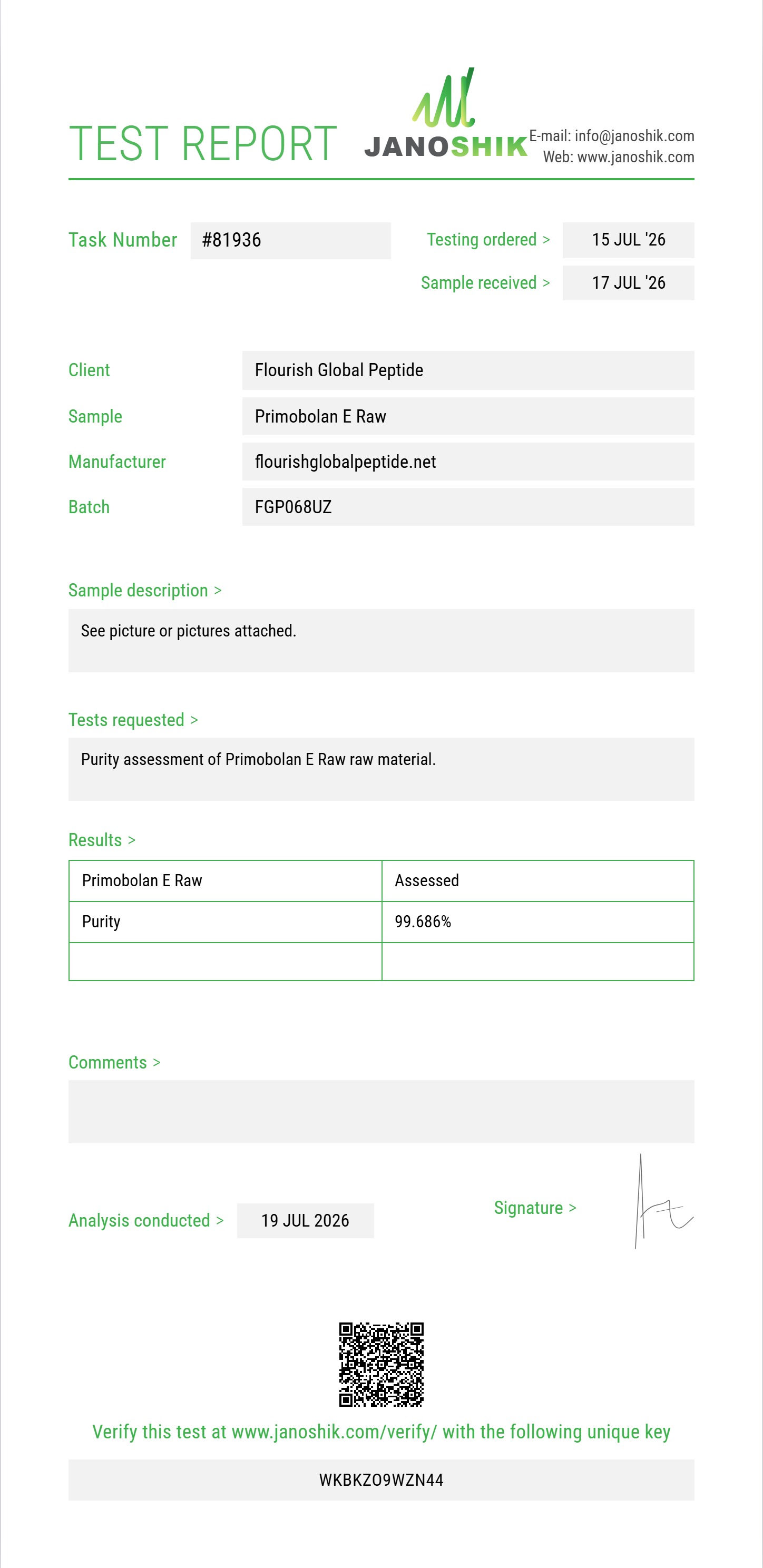 Primobolan E Raw Purity (HPLC) report by Janoshik Analytical