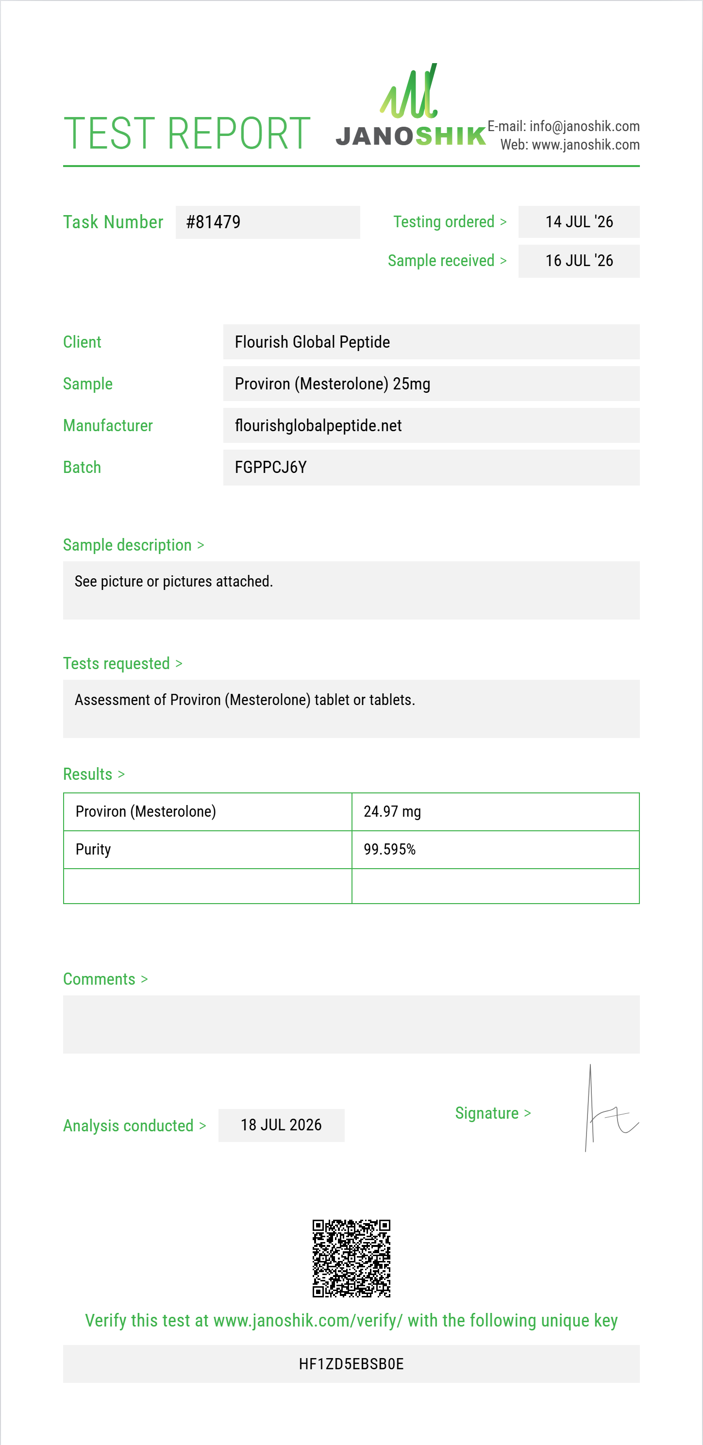 Proviron (Mesterolone) Purity (HPLC) report by Janoshik Analytical
