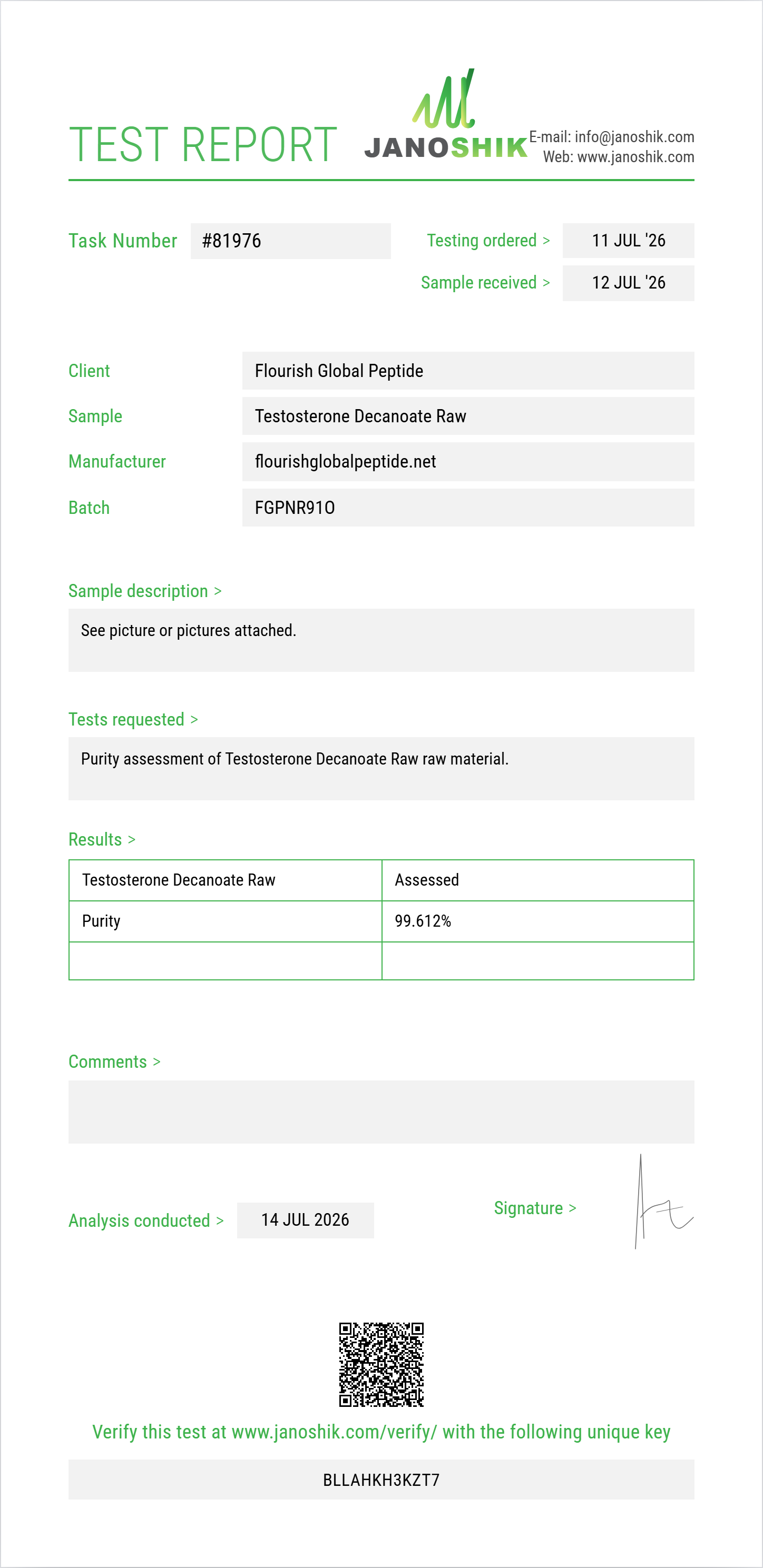 Testosterone Decanoate Raw Purity (HPLC) report by Janoshik Analytical